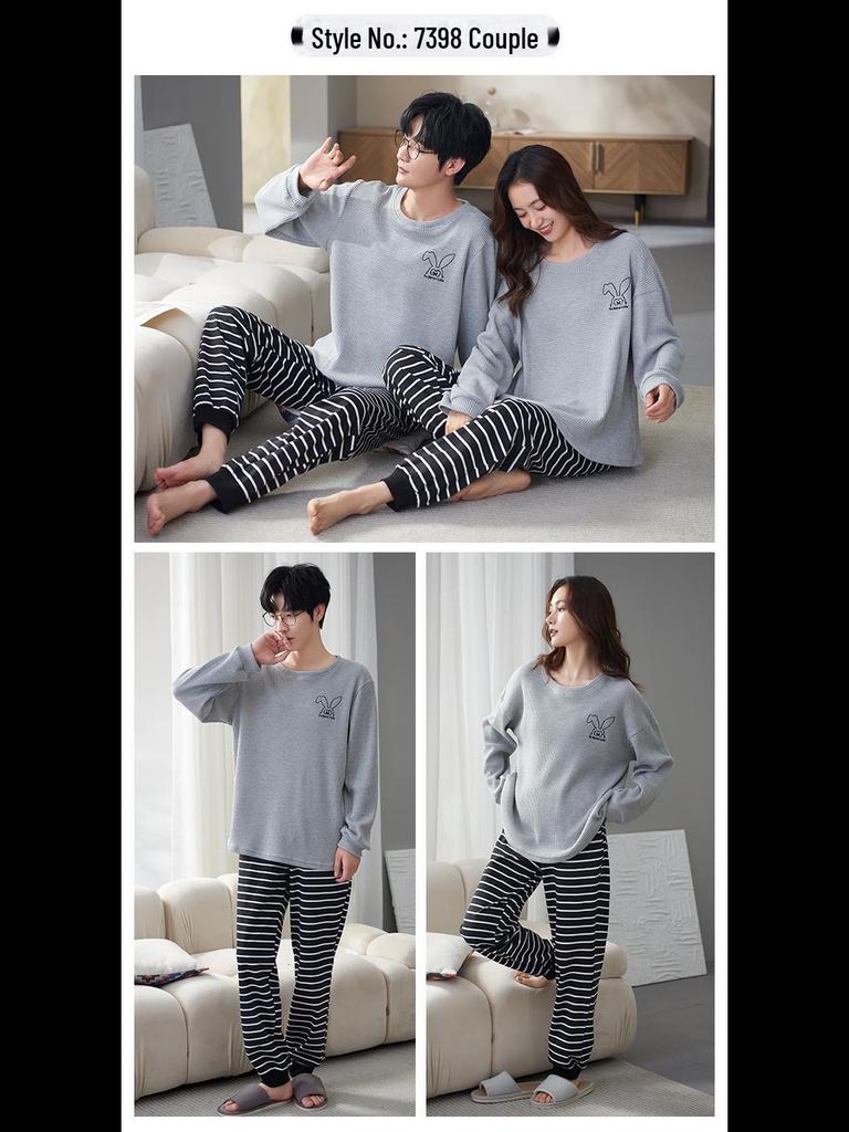 Korean Cartoon Couple Pajamas: Long Sleeve Cotton Sleepwear for Women and Men, Spring To Winter