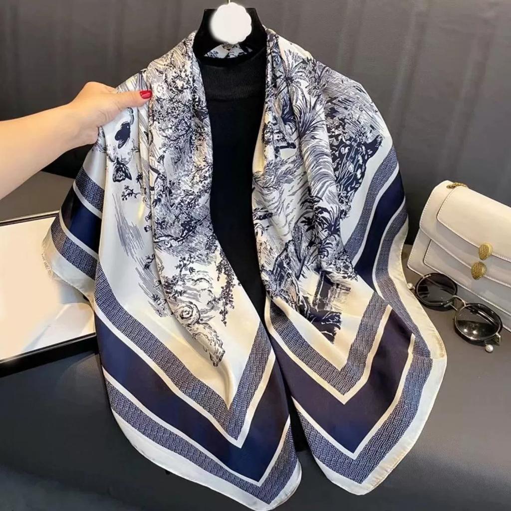 1 szt. 70cm Miękka chustka na szyję z nadrukiem roślinnym Kobiety Symulowany jedwab Eleganckie Wszechstronne szaliki Dodatki odzieżowe Kwadratowa chustka