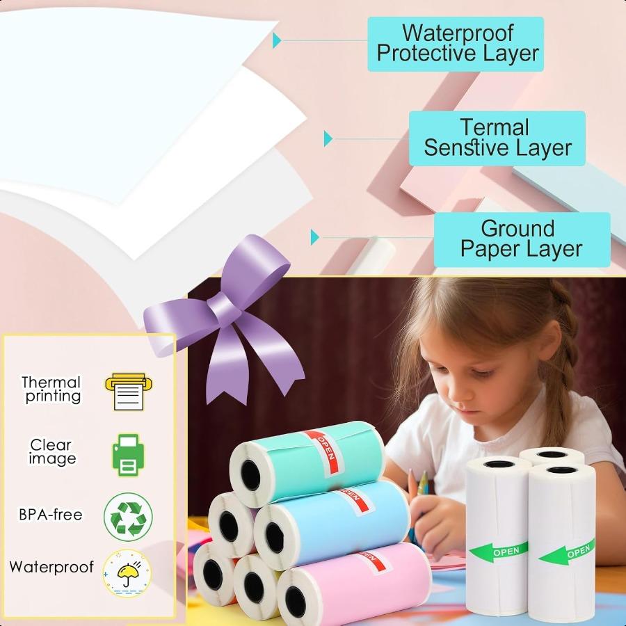 9 Rolls Thermal Sticker Paper for Mini PrinterSelfAdhesive Paper 57 * 25mm 3 Rolls White and 6 Rolls Colored HD Paper for Pocke