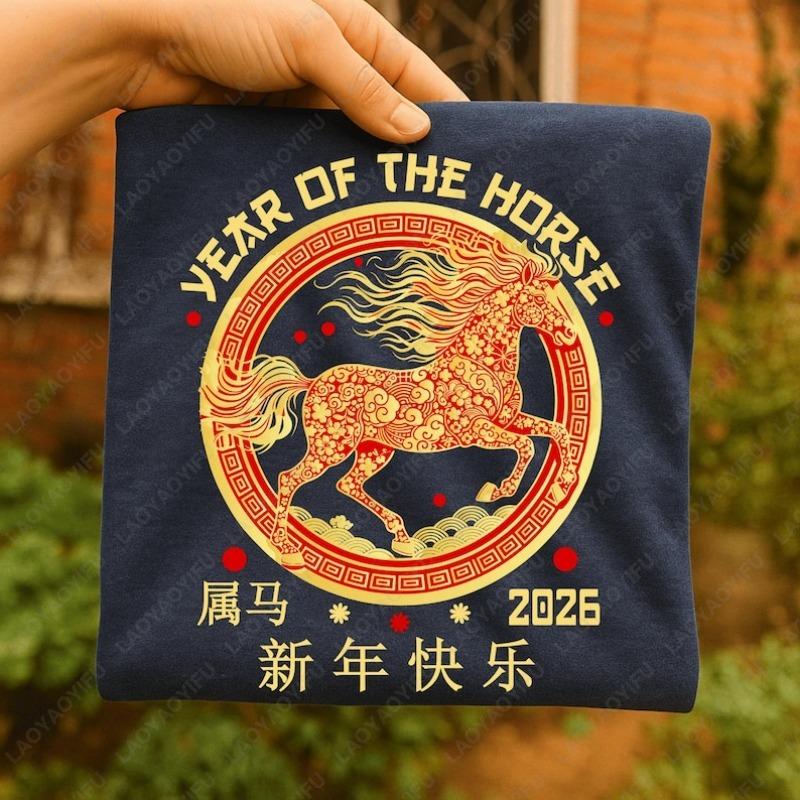 Year of The Horse 2026 Chinese Zodiac Unisex Cotton Tshirts Lunar New Year Clipart Lanterns Blossoms Family Matching Retro Tops