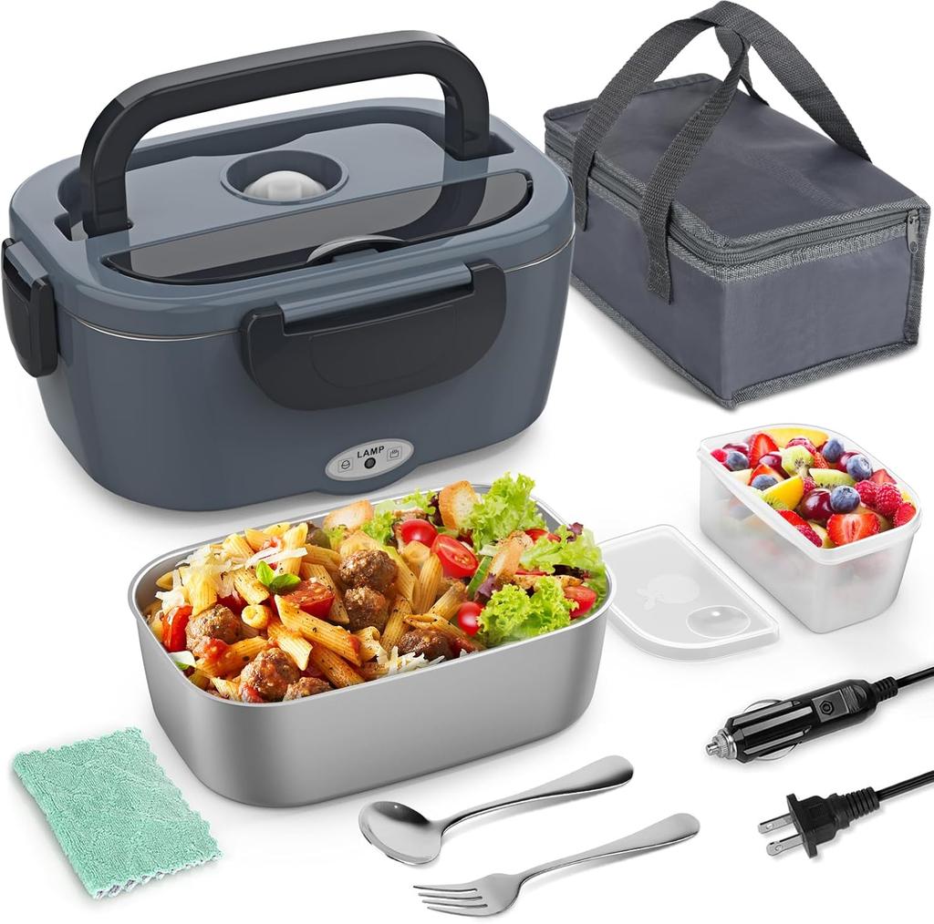 Electric Heated Lunch Box 2-Pack, Portable 12V/24V/110V, Stainless Steel Container with Fork Spoon for Work/Car