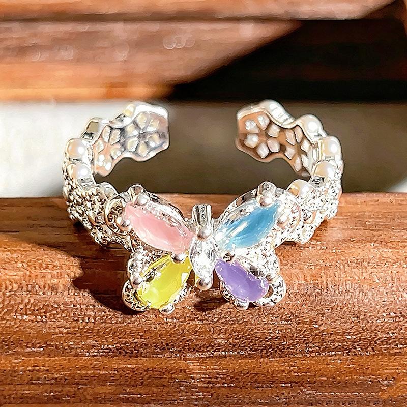 Colorful Zircon Bead Butterfly Open Ring Sweet Dreamy Niche High‑End Adjustable Stack‑Wear Personalized Fashion Jewelry