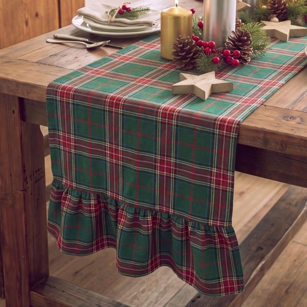 Double Ended Lotus Leaf Edge Christmas Table Runner Washable Rustic Style Ruffle Edge Table Flag Vintage Checkered