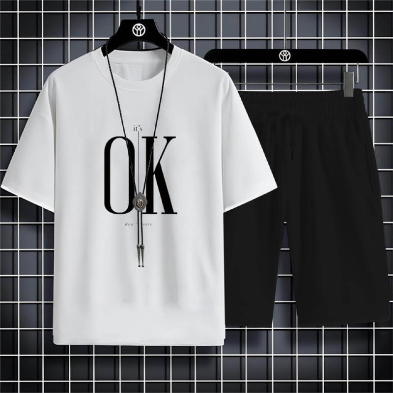 Summer Fashion Casual Sports Style Alphabet Ok Printed Men'S Round Neck Short Sleeve T-Shirt Drawstring Shorts Beach Suit