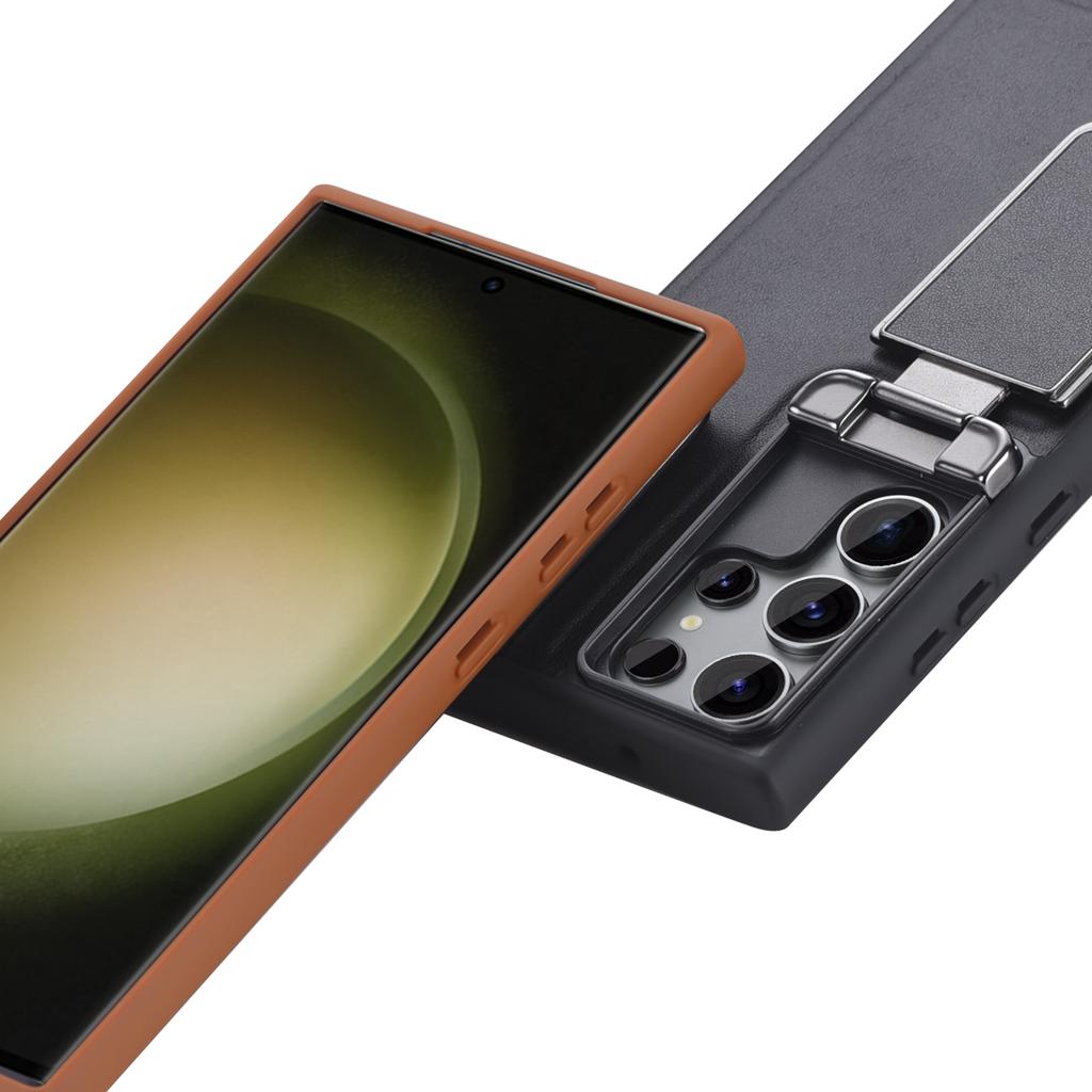 For Samsung Galaxy S25 Ultra S24 S23 Matte Plain Leather Flip Up Lens Bracket Case Protection Cover Accessory
