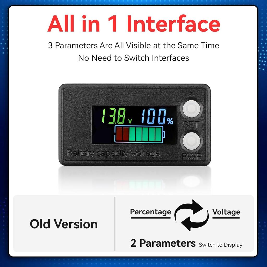 DROK Waterproof Battery Monitor 12V 24V 36V 48V 72V Battery Meter 8-100V, Battery Capacity Tester LCD Display Color Screen Backlight, Fit for Car