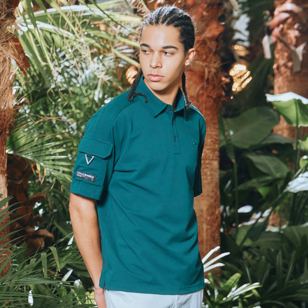 CHALLENGER Pq Knit Sleeve Pocket Men'S Collared Short Sleeve T-Shirt Dark Green