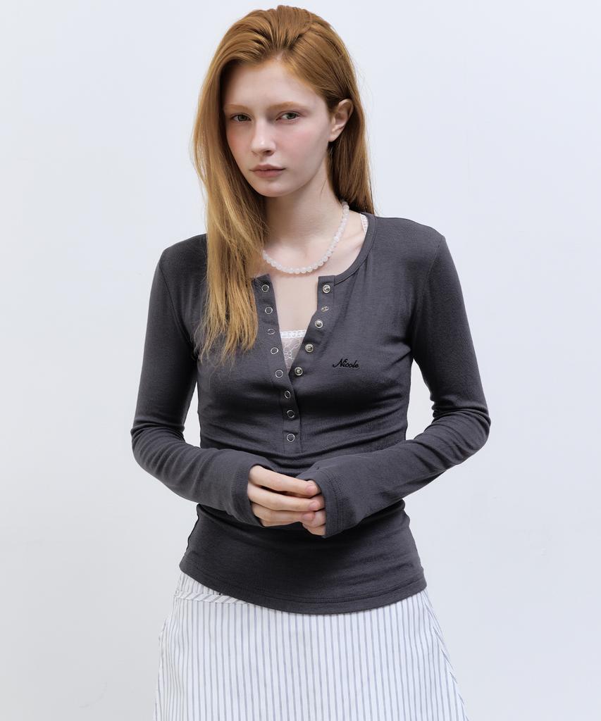 Nigaennikol Button Henley Neck Top_Charcoal