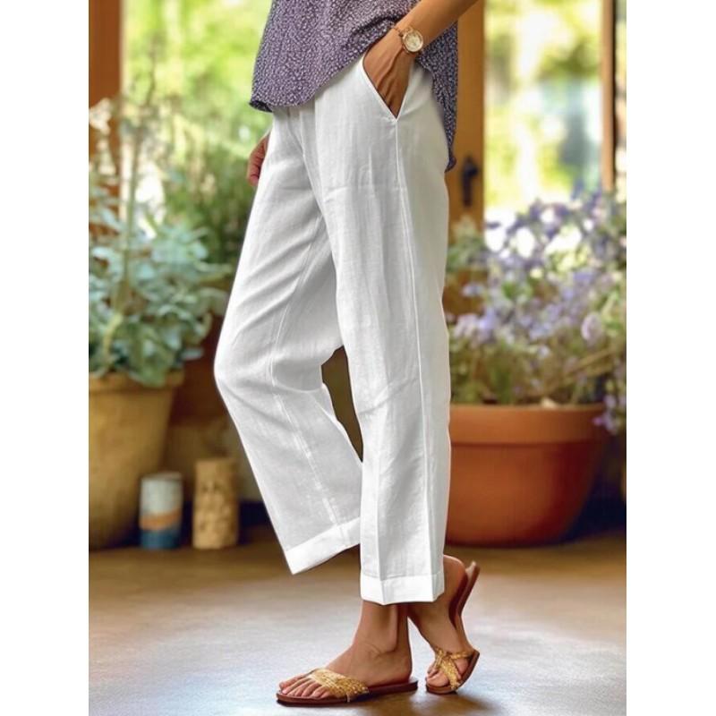 Women's Solid-Color Cotton-Linen Relaxed-Fit Wide-Leg Casual Pants with Elastic Waistband for Spring/Summer