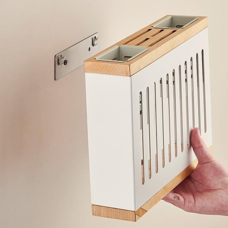 Wooden Kitchen Utensil Rack-Multifunctional Draining Chopstick Holder Wall-Mounted Cutlery Storage Box Knife Organiser