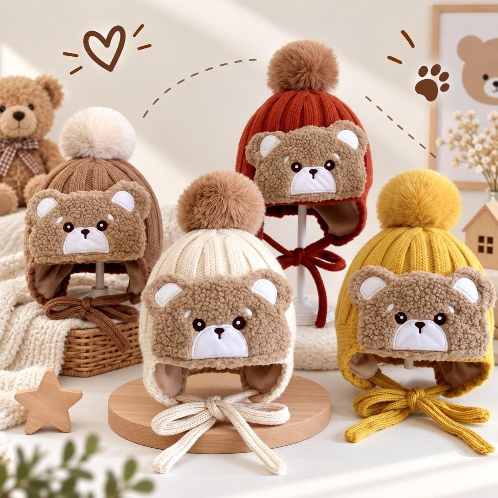 Cartoon Winter Beanie Double Layer Ear Protection Hat Cute Pom Pom Hat  Autumn and Winter