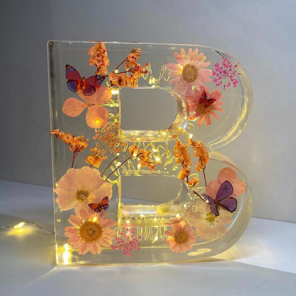Floral Letter Night Light Alphabet Letter LED Lights Luminous Number Lamp Decorative Resin Lamp With Initial Letter & Dry Flower