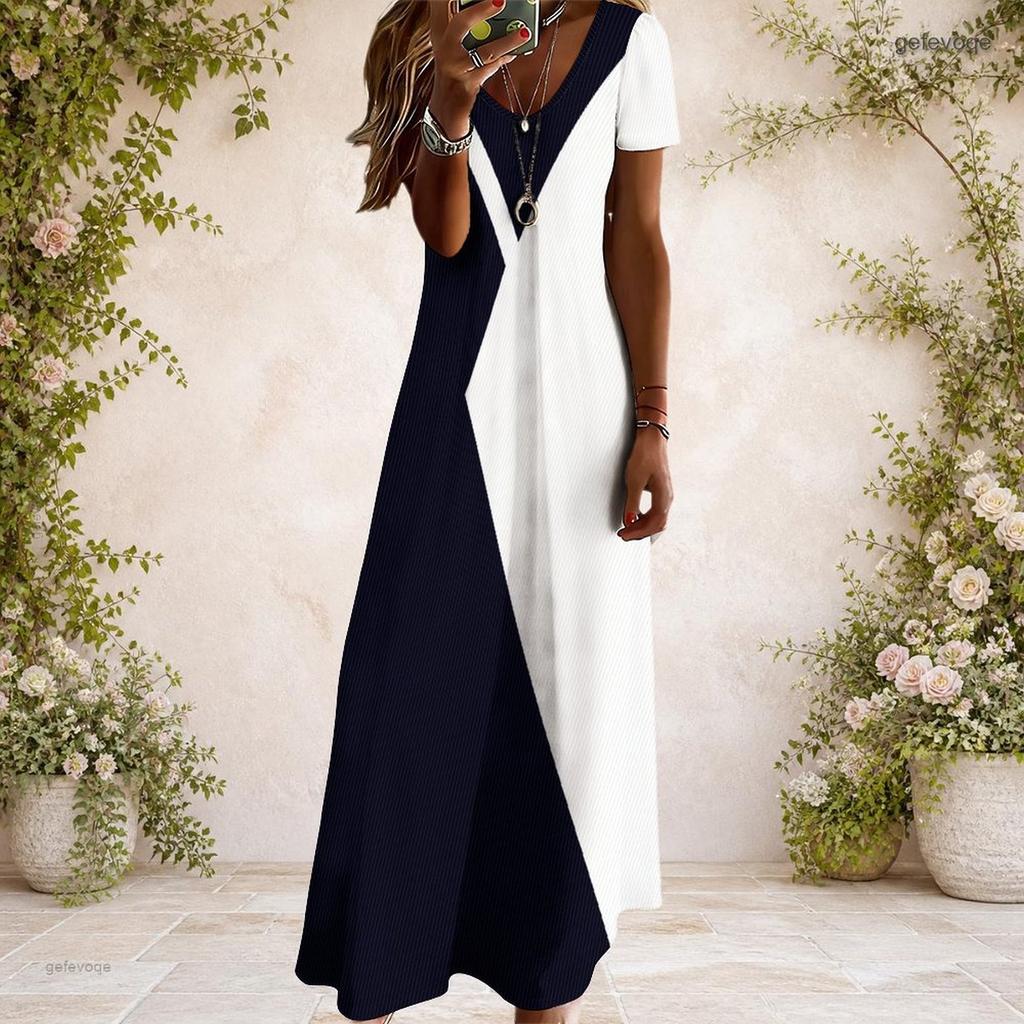 Women Plus Size V Neck Short Sleeve Colorful Floral Printed Straight Long Dress