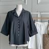 New Arrivals Open Run Women Loose Fit Linen 3 4 Sleeve Shirring Blouse Round Bot