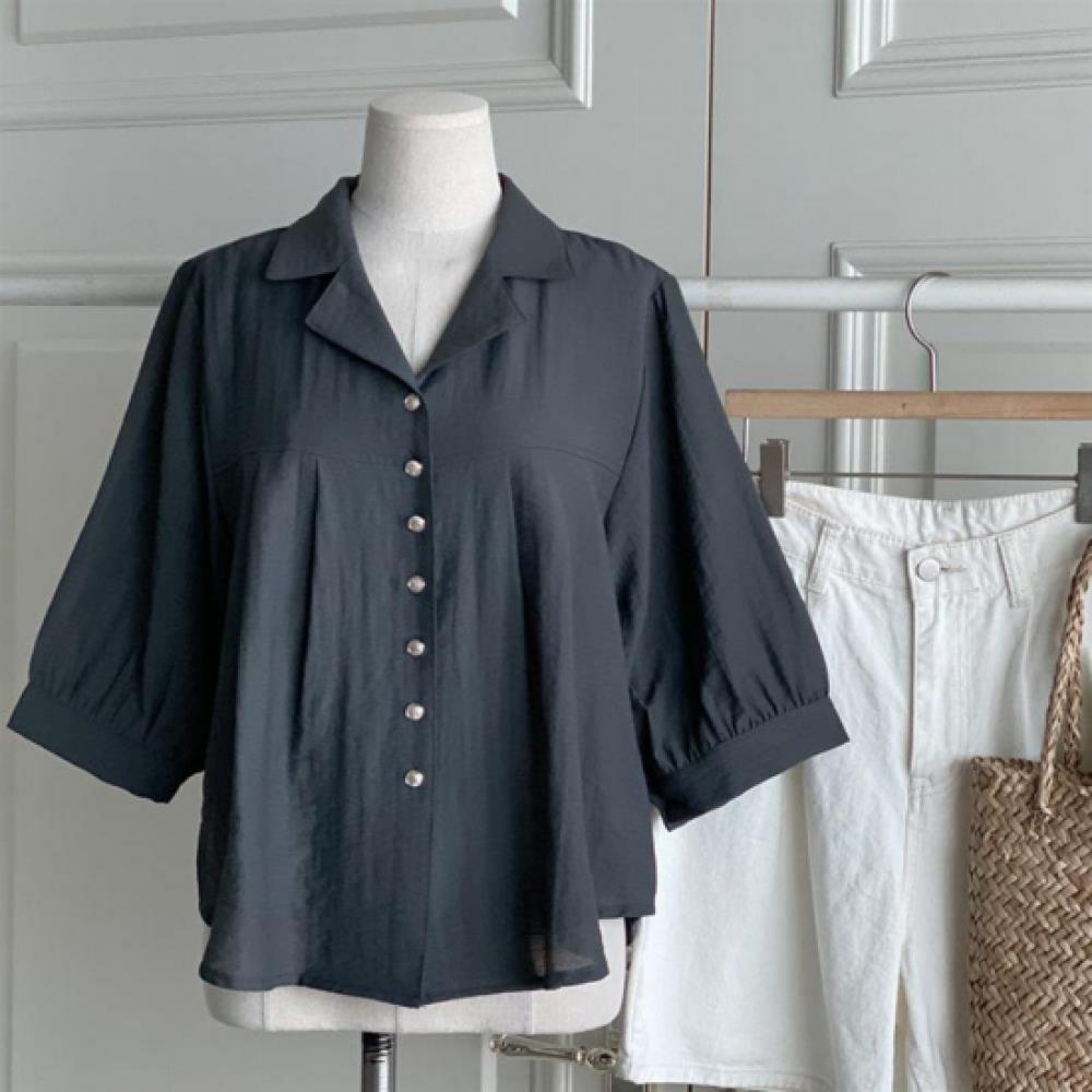 New Arrivals Open Run Women Loose Fit Linen 3 4 Sleeve Shirring Blouse Round Bot