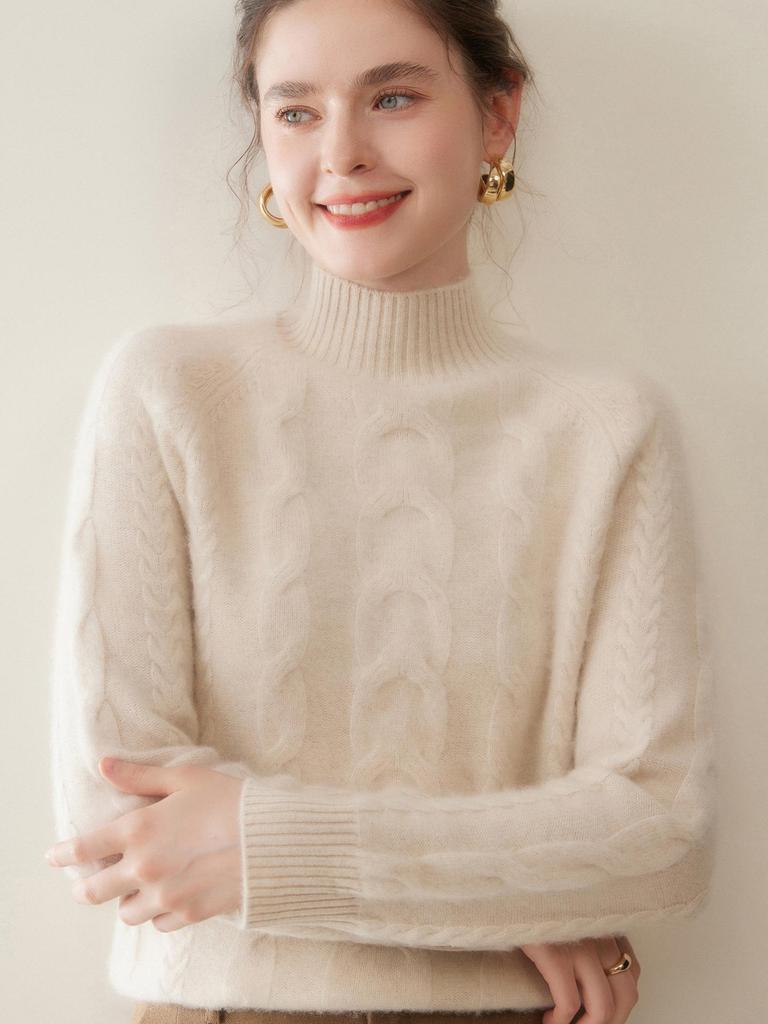 2025 Autumn/Winter Women's Half-High Neck Cable Knit Top with Raglan Sleeves - Fashionable Casual Wear