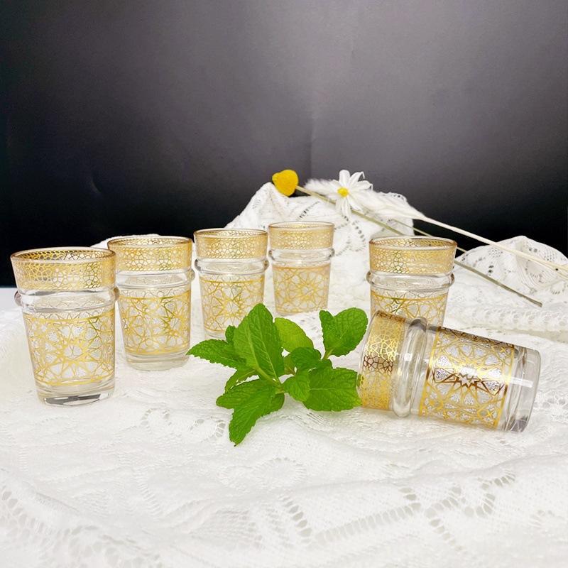 Set de 6 piese, Pahar marocan din sticlă, Sticlă de bere din sticlă cu ștanțare aurie, stil luxos light, Pahar de ceai stil Orient Mijlociu, Set cadou tacâmuri