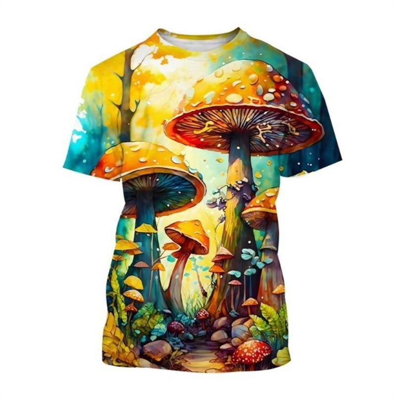 Ανδρικό μπλουζάκι Psychedelic Mushroom 3D Print Forest με στρογγυλή λαιμόκοψη κοντομάνικο φυτά Γραφικό μπλουζάκι μόδας Casual μπλουζάκια unisex