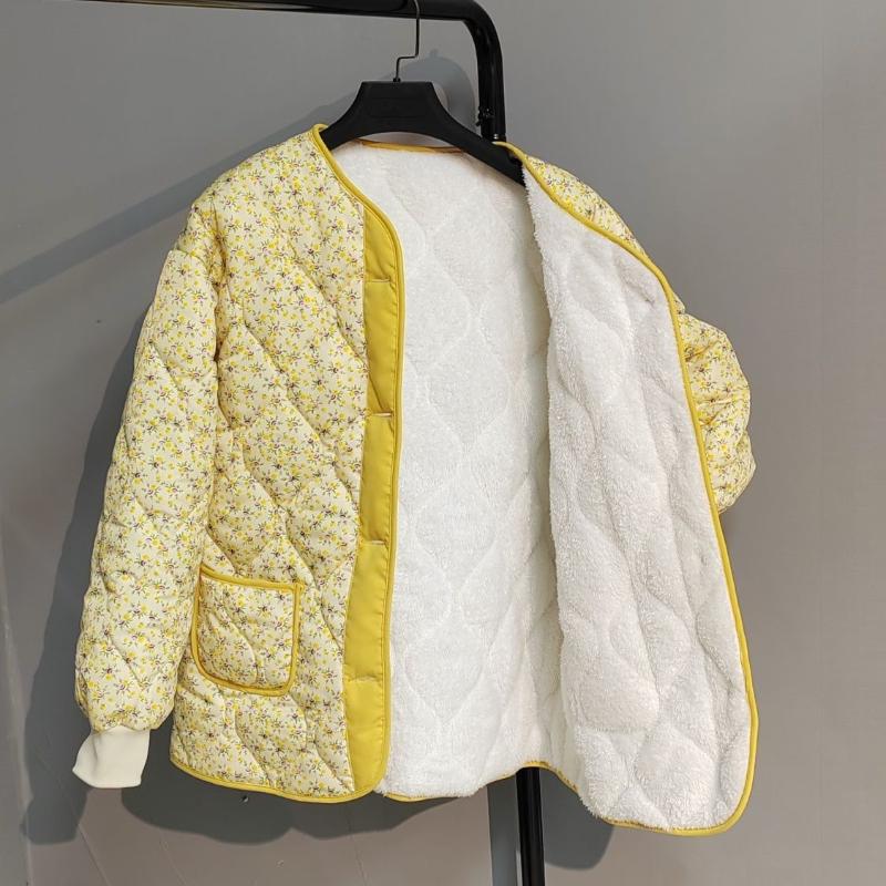Women's Winter Lightweight Cotton Padded Jacket Light Yellow Korean Style Quilted Outerwear Northeast Floral Cotton Padded Coat