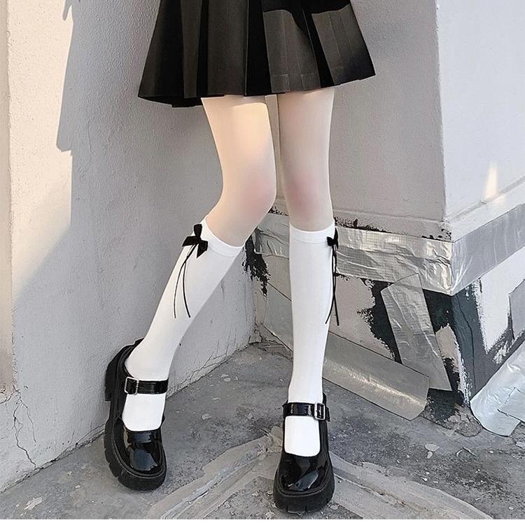 White Jk Bow Calf Socks Niche Women Polyester Cotton Medium Long Tube Spring And Autumn Knee Half Leg Socks High Tube