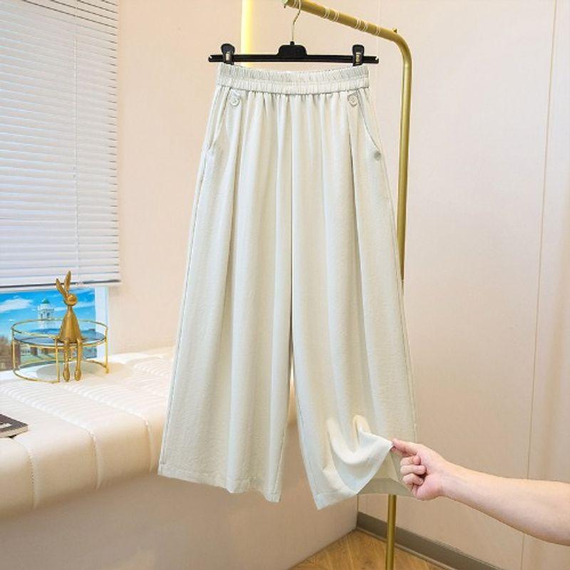 

Plus size women clothing Summer and Autumn Thin Elastic High Waist Loose Simple Drape Lazy Casual Wide Leg Cropped Pants M-4XL White 4XL