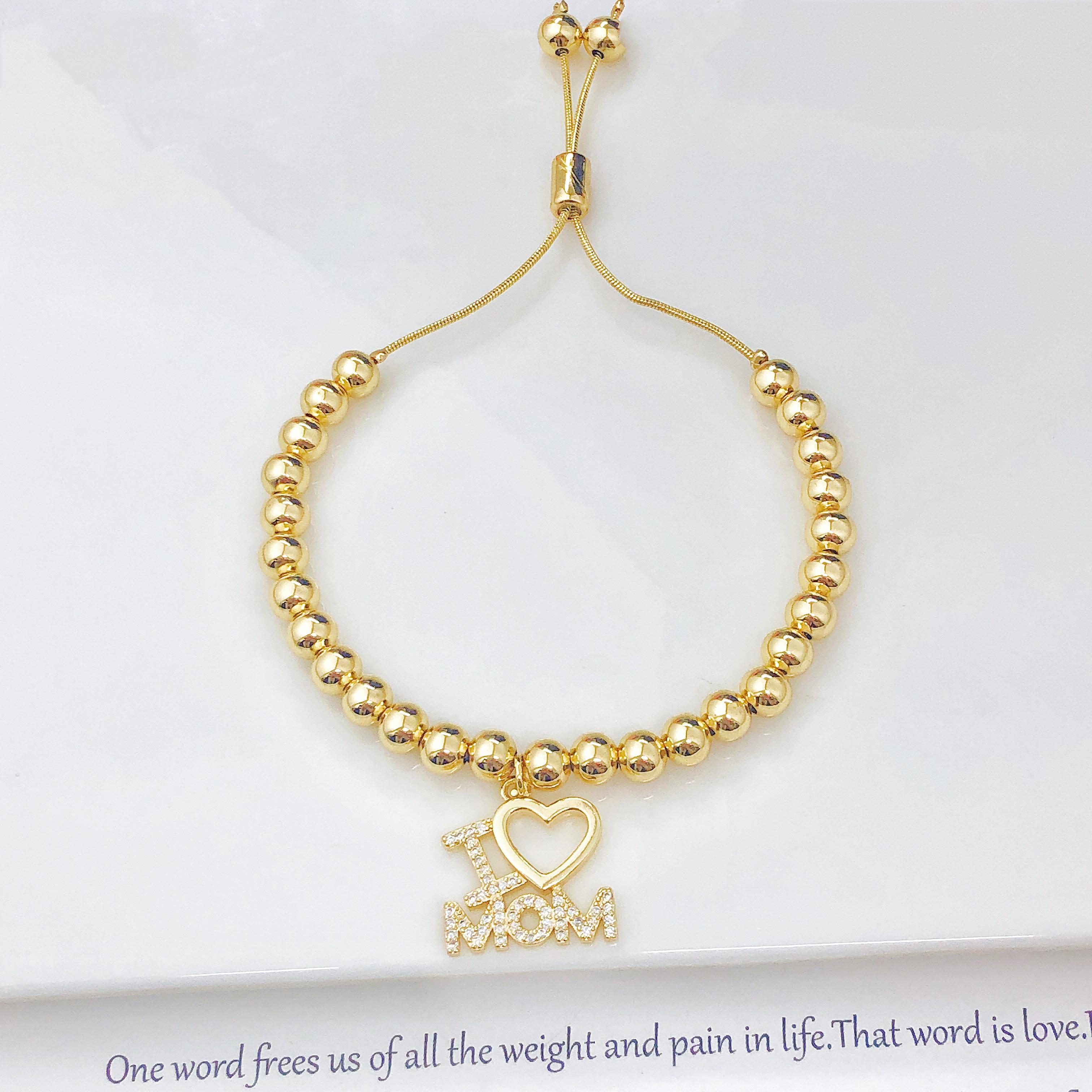 Colorful Rhinestone Heart-Shaped MAMA Copper Bead Chain Bracelet I Love Mama Letter Bracelet Luxury for Mother s Day Party Gift