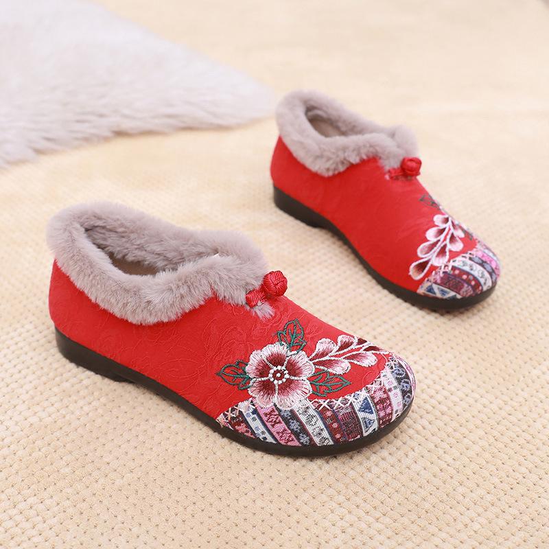 Women's Plush Cotton Flat Shoes - Ethnic Embroidered Style for Middle-aged and Elderly