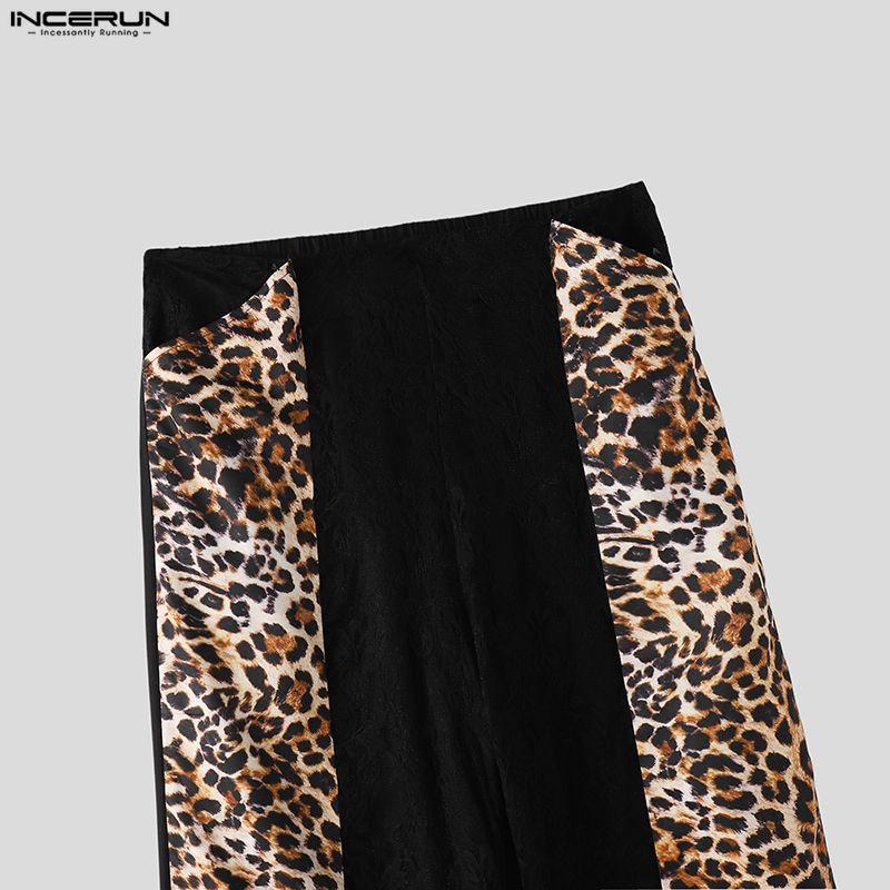 INCERUN Men's Leopard Print Patchwork Elastic Waist Trousers Streetwear Casual Wide Leg Loose Pants