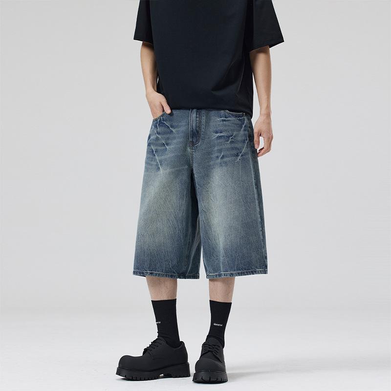 Summer American Lightning Crack Denim Cropped Pants Men's Straight Loose Wide Leg Shorts