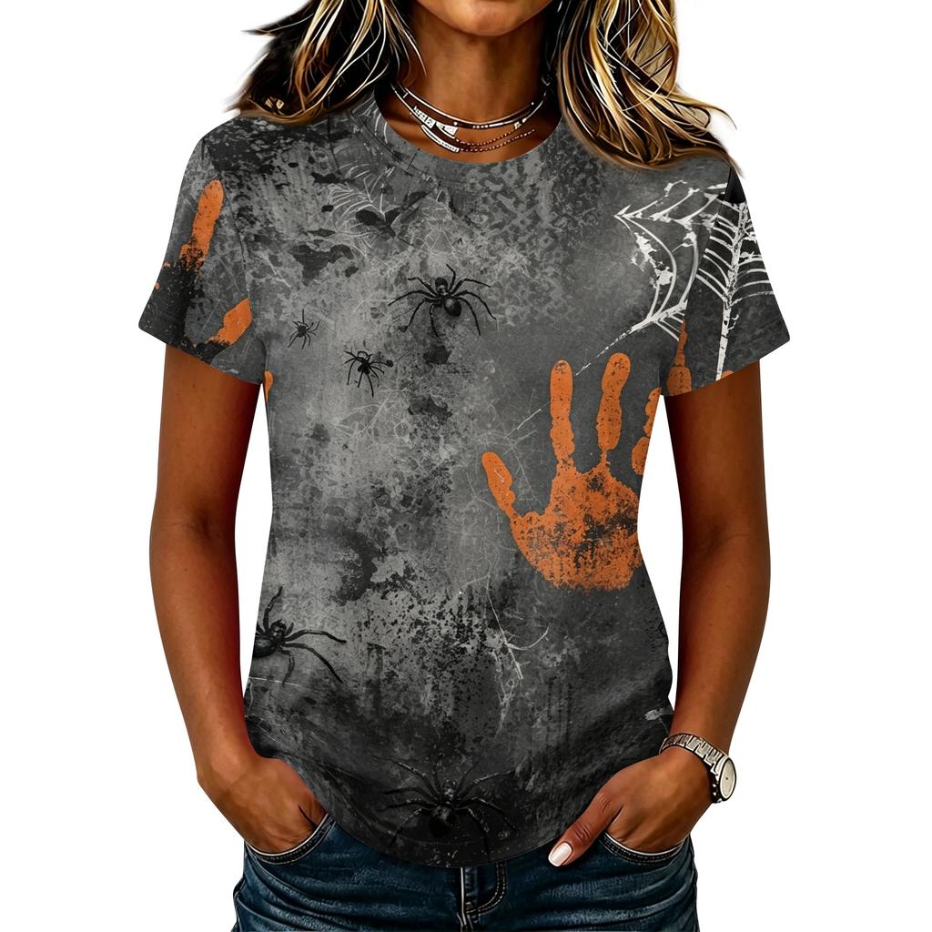Women's Casual Pullover Short Sleeve T Shirt Halloween Graphic Print Round Neck Top Lightweight Comfortable Fit