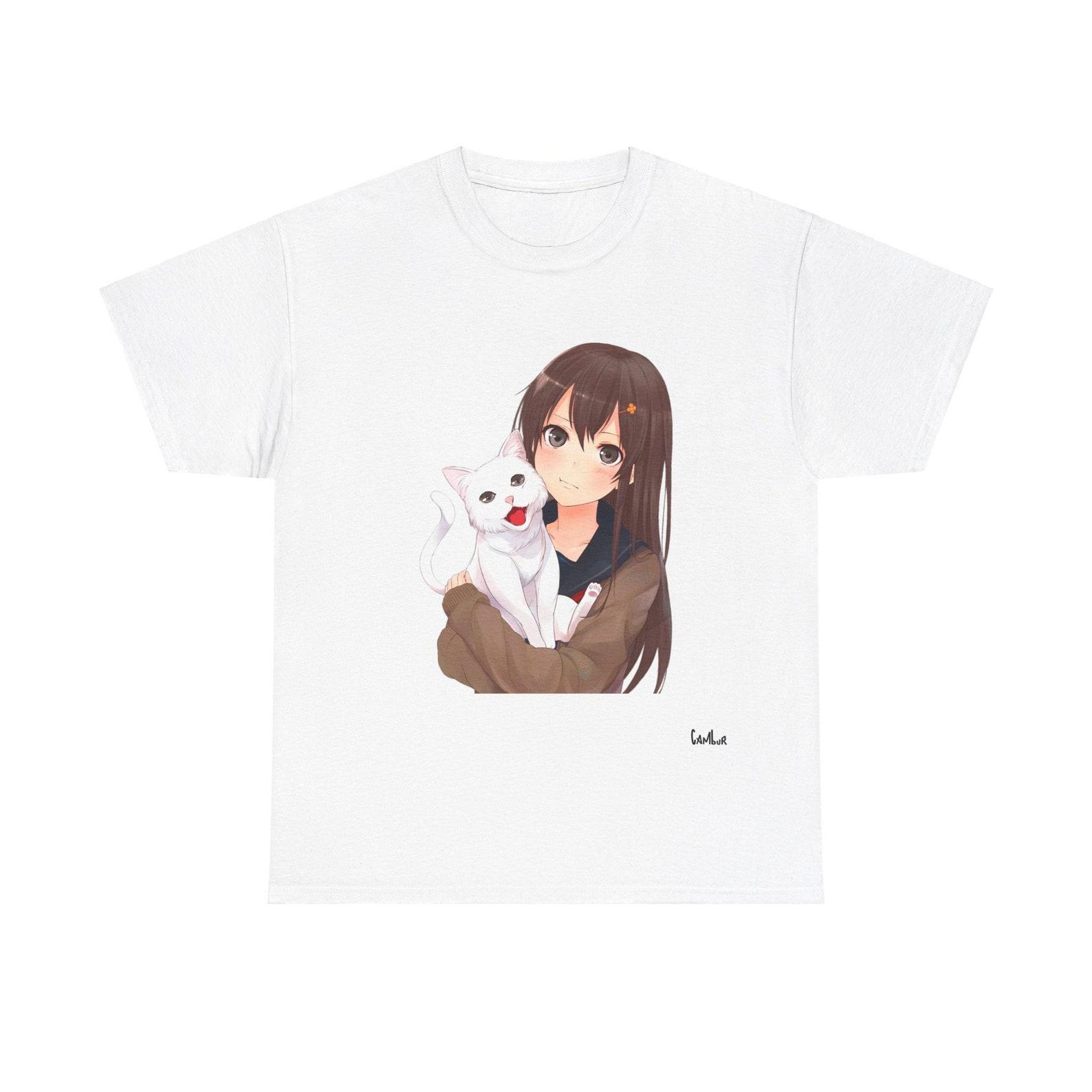 Girl with a cat Anime Unisex Heavy Cotton Tee S