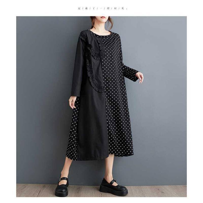 New Polka Dot Splicing Wood Ear Side Long Sleeve Dress Fashion Loose Casual A-Line Dresses