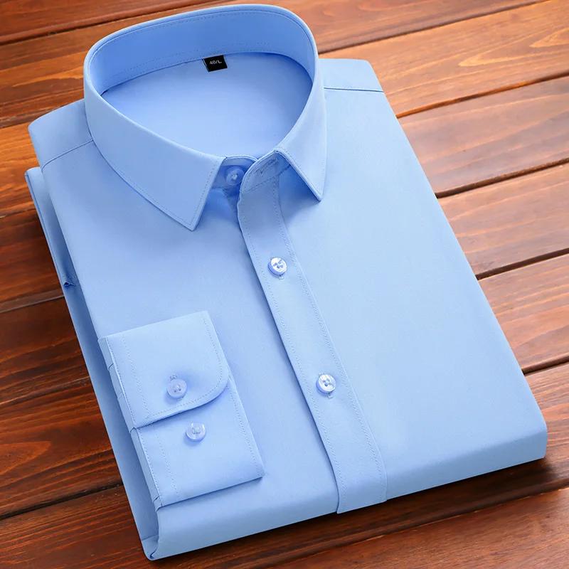 Men Social Shirt Bamboo Fiber Long Sleeve Anti-wrinkle Non-ironing Slim Fashion Casual Business Office White Blue Shirt