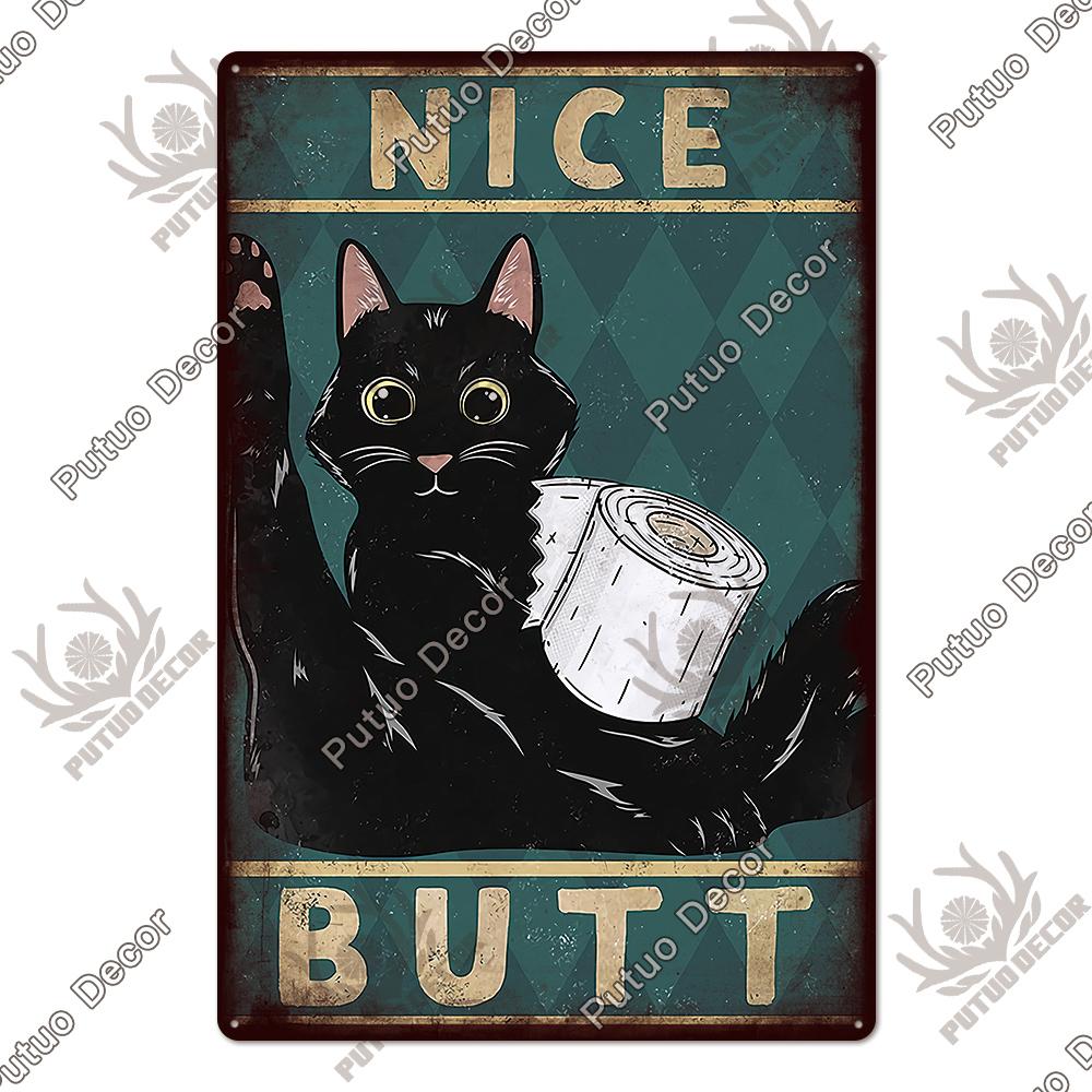 Putuo Decor Cute Black Cat Vintaget Plaque Metal Sign Vintage Tin Sign Poster Decoration for Living Room Barthroom Wall Decor