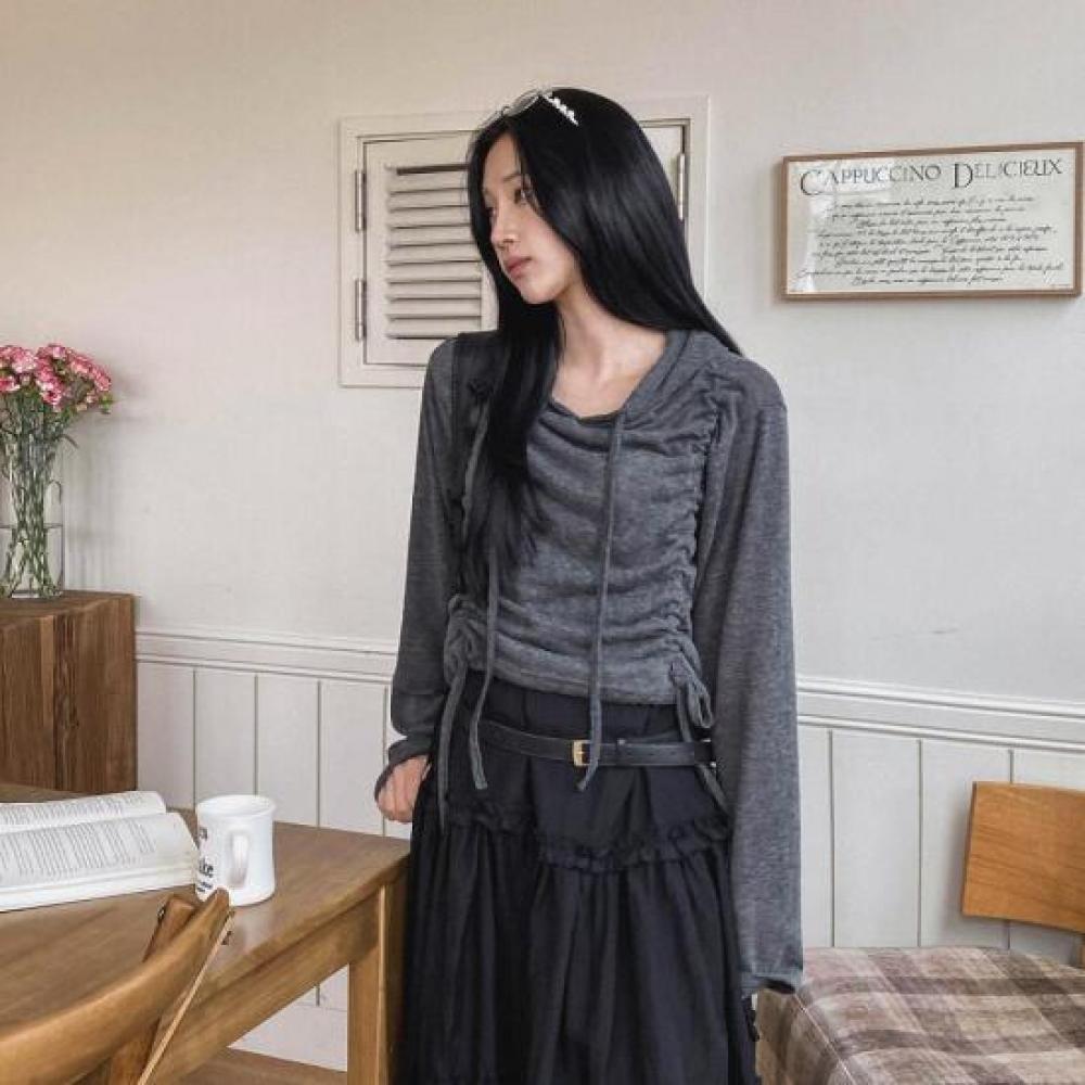 New Arrivals Open Run Women Hooded T shirT pinTuck Shirring Loose fiT