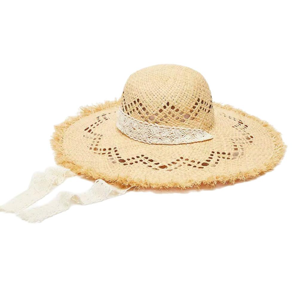 Cappello estivo in paglia di rafia a tesa larga con motivo geometrico per la spiaggia e le vacanze