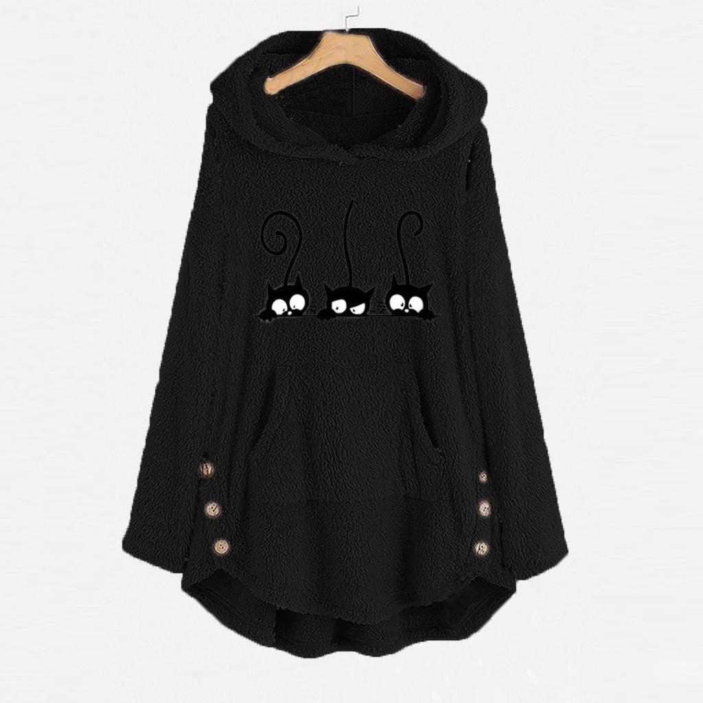 Blusa de suéter con botones y capucha cálida de talla grande con bordado de gato de forro polar para mujer