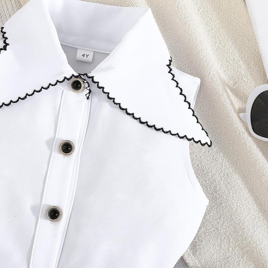 2PCS Baby Girl Sleeveless Shirt & Plaid Pleated Skirt Set, Preppy Style Casual Outf