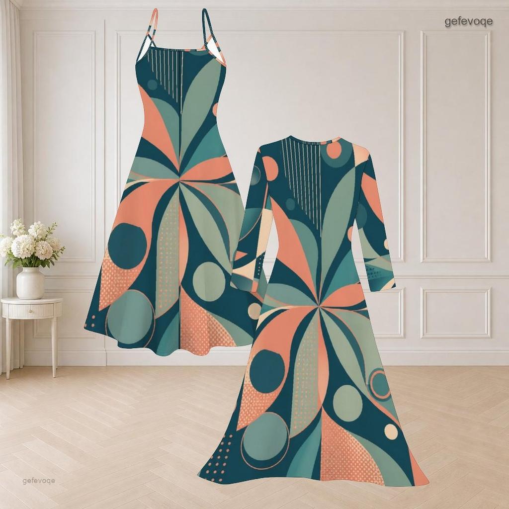 Women Plus Size Printed Two Piece Set Long Sleeve Open Front Cardigan Strappy V Neck Flared Dress