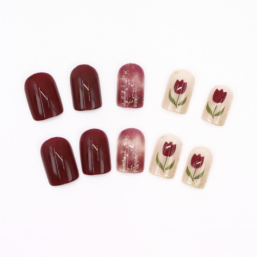 24 Pieces Simple and Sweet Square Nail Short Tulip Glitter Wearing Nail Royal Nail Art Stickers 24 Pieces