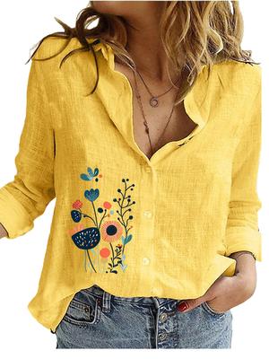 Moda Feminina Blusa de Algodão e Linho Primavera&Verão Casual Solta Top Feminino Estampa Floral Manga Longa Camisa