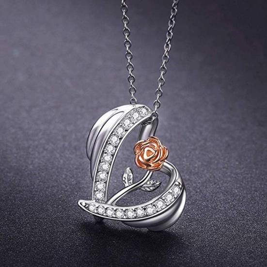 Valentine Day Necklace 3D Rose Heart Pendant Adjustable Length Necklace Clavicle Necklace Cubic Zircon Inlaid Charm Necklace