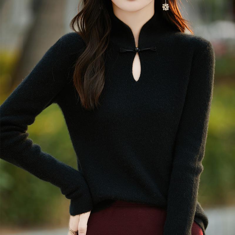 Women's Retro Chinese Style Pure Wool Button-Up Sweater - Slim-Fit Knitwear for Autumn/Winter