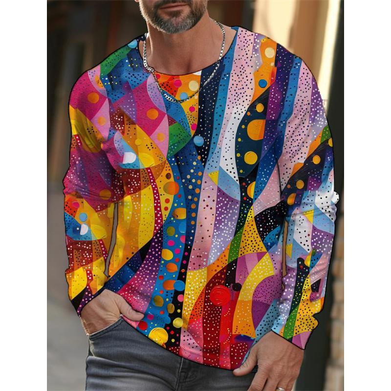 Fashion Men's Crew Neck Long Sleeve 3D Color Printing Summer Casual Long Sleeve Crew Neck T-Shirt
