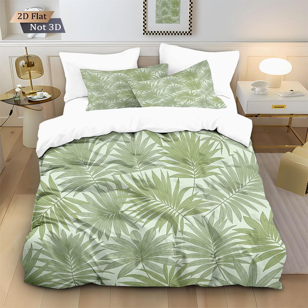 3pcs Green Plant Leaf Printed Down Duvet Cover Set, Multi Size Bedroom And Dormitory Bedding Decoration, Machine Washable