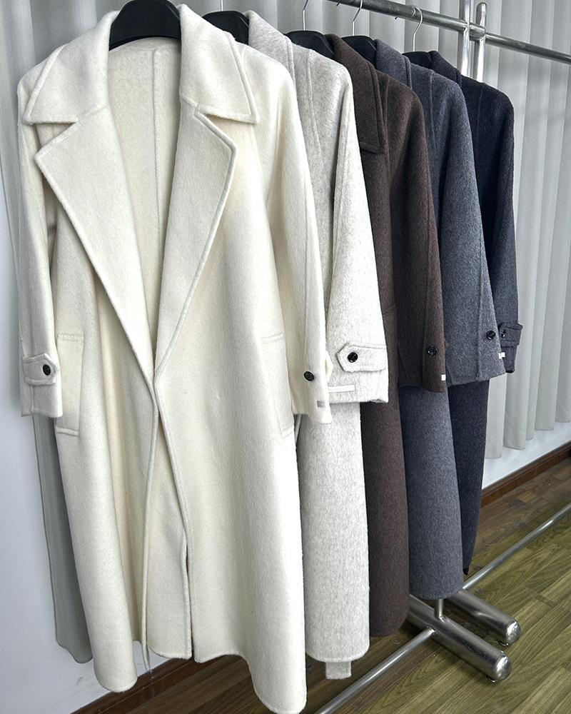 

Новое кашемировое пальто для通勤, длинное двустороннее кашемировое пальто на шнуровке 8801, приталенное шерстяное пальто с лацканами M белый