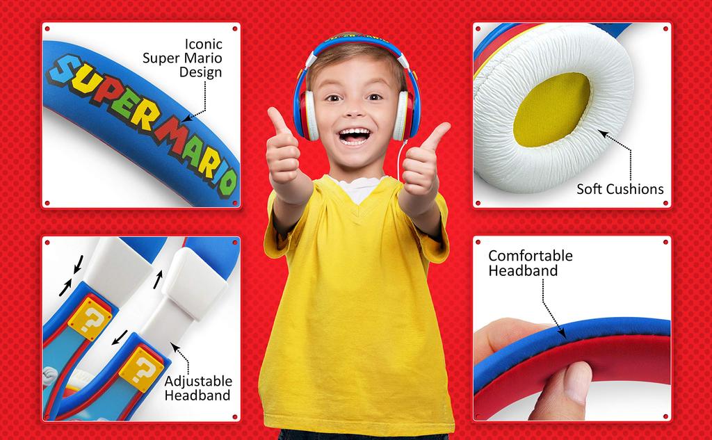 eKids Super Mario Headphones for Kids, Earphones, Music, Kids, Mario Characters, Volume Limiter, KIDdesigns