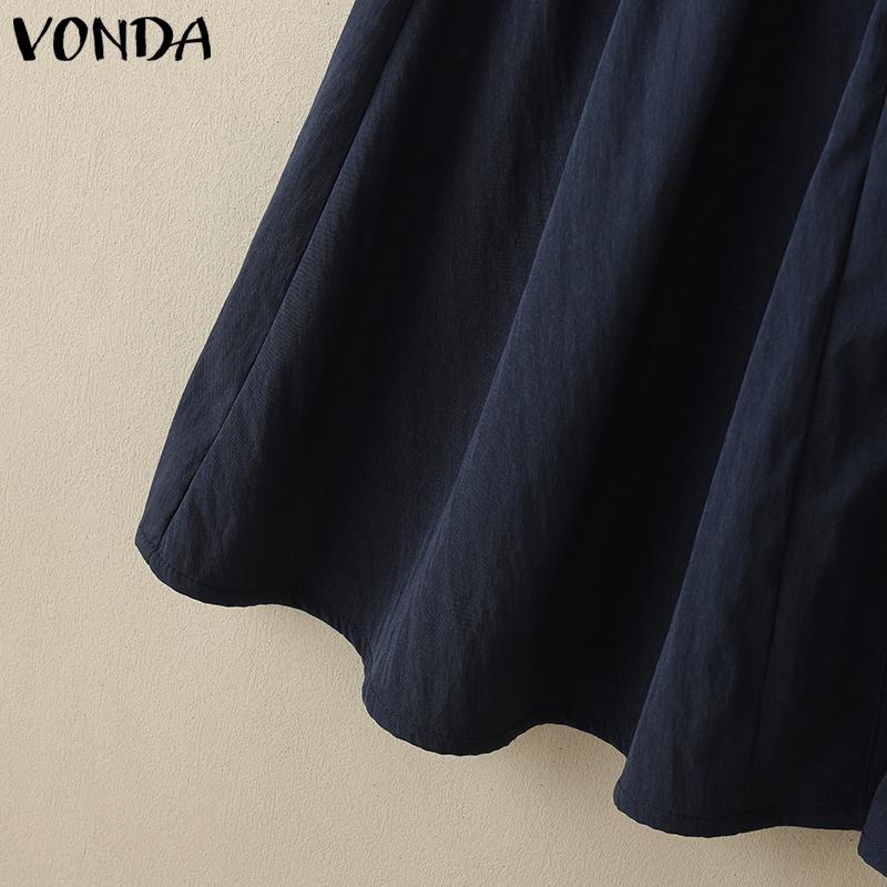 VONDA Summer Women Lapel Neck Sleeveless Buttons Up Ruffled Casual Tank Dress