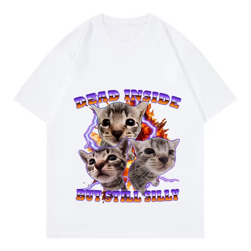 Funny Dead Inside But Still Silly Cat Design T Shirts UnisexTshirt Vintage Round Neck Short Sleeve Trendy Tee Shirt Streetwear