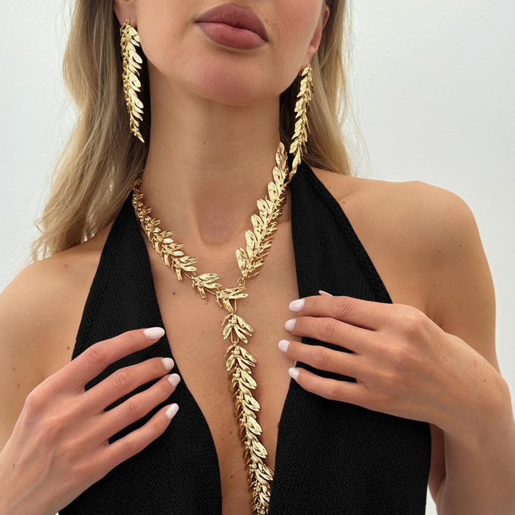 Fashion Creative Metal Wheat Ears Y-Shaped Long Necklace, Design Sense Geometric Leaf Tassel Necklace Women